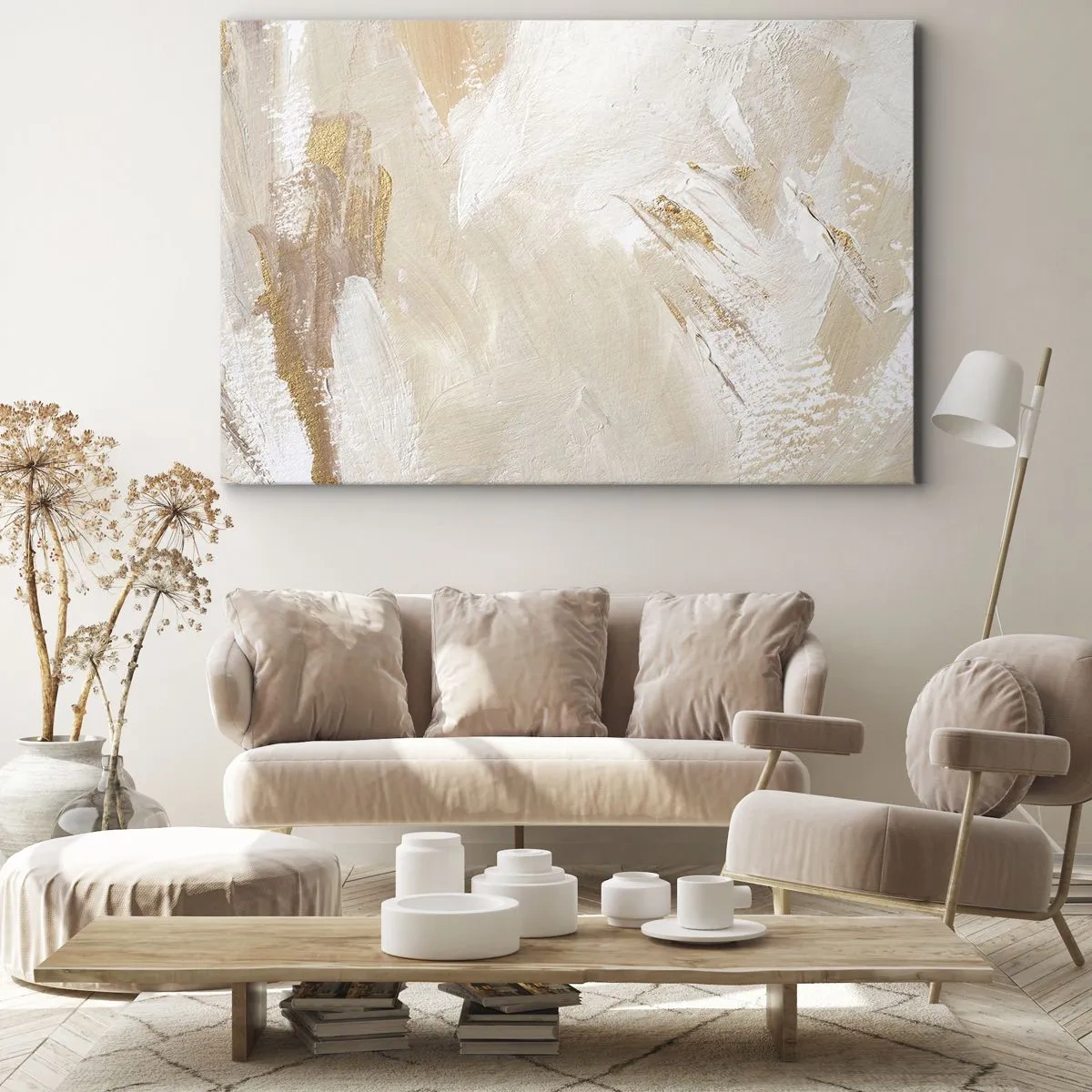Obraz na plátně - Jemné abstraktní tóny v odstínech béžové a zlaté - 70x50cm - Pastelová kompozice - Moderní nástěnná dekorace do obývacího pokoje a ložnice ARTTOR