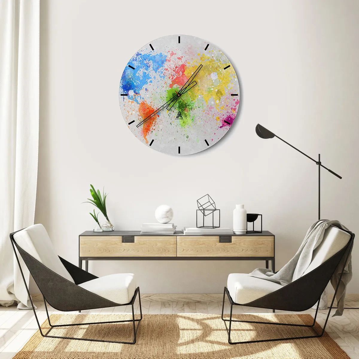 Nástěnné hodiny - Barevná mapa světa v podobě akvarelových skvrn - 30x30cm - Všechny barvy světa - Moderní nástěnná dekorace do obývacího pokoje, kuchyně a ložnice ARTTOR