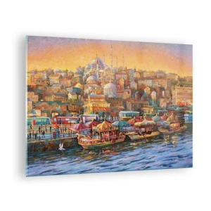 Obraz na skle - Barevný přístav s loděmi a panoramatem města při západu slunce - 70x50cm - Istanbulský příběh - Moderní nástěnná dekorace do obývacího pokoje a ložnice ARTTOR