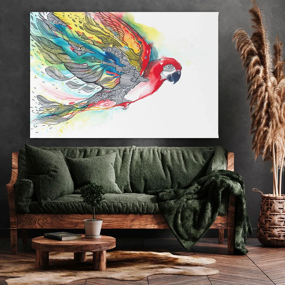 Obraz na plátně - Barevný papoušek za letu s abstraktními vzory na křídlech. - 70x50cm - Žij barevně - Moderní nástěnná dekorace do obývacího pokoje a ložnice ARTTOR
