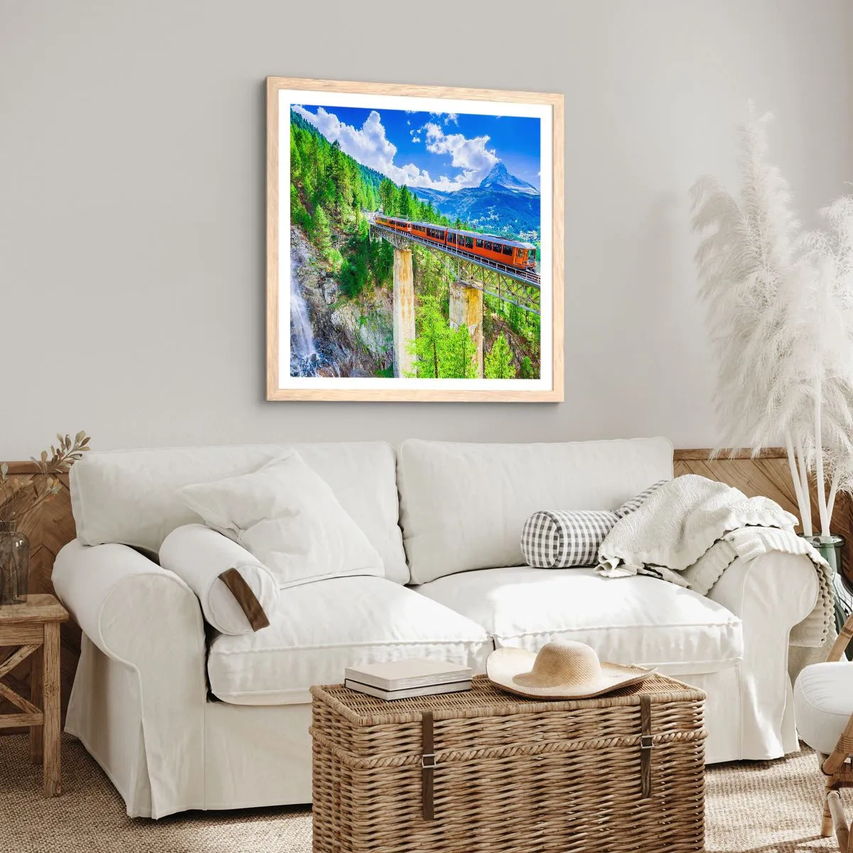 Plakát v rámu světlý dub - Alpská železnice - 30x30 cm