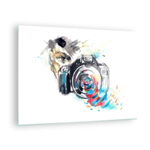 Obraz na skle - Fotoaparát s abstraktními barevnými prvky - 70x50cm - Okem objektivu - Moderní nástěnná dekorace do obývacího pokoje a ložnice ARTTOR