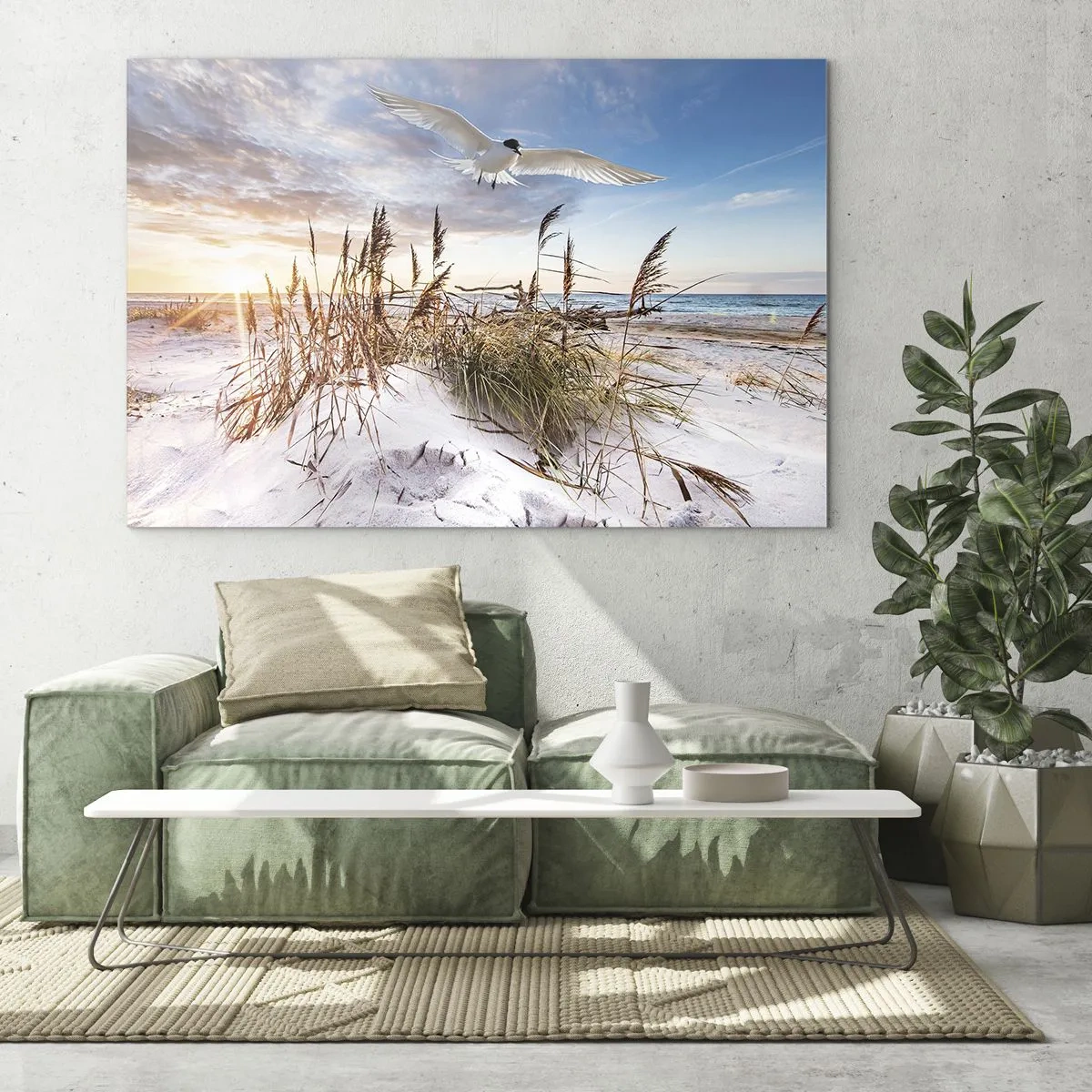 Obraz na skle - Pták letící nad dunami při západu slunce - 70x50cm - Vítr od moře - Moderní nástěnná dekorace do obývacího pokoje a ložnice ARTTOR