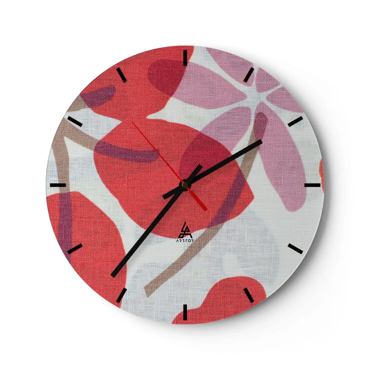 Nástěnné hodiny - Růžové a červené listy na bílém pozadí s lněnou texturou - 30x30cm - Květinová kompozice v růžové - Moderní nástěnná dekorace do obývacího pokoje, kuchyně a ložnice ARTTOR