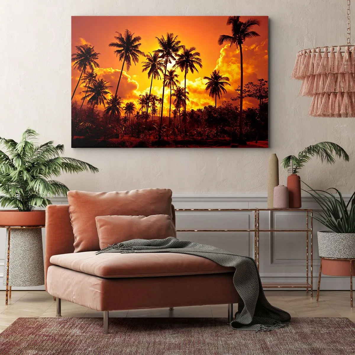 Obraz na plátně - Palmy proti zlatavé obloze během tropického západu slunce - 70x50cm - Hoří hory, hoří lesy - Moderní nástěnná dekorace do obývacího pokoje a ložnice ARTTOR