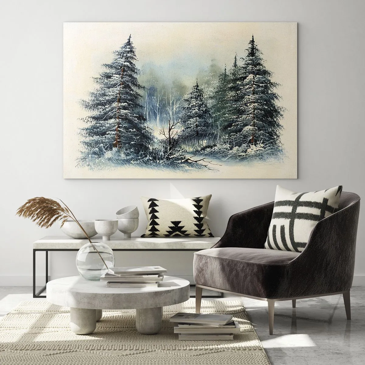 Obraz na skle - Zimní les se zasněženými stromy proti obloze - 70x50cm - Připravení na Vánoce - Moderní nástěnná dekorace do obývacího pokoje a ložnice ARTTOR