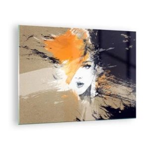 Obraz na skle - Abstraktní portrét ženy s oranžovými akcenty - 70x50cm - A je světlo - Moderní nástěnná dekorace do obývacího pokoje a ložnice ARTTOR