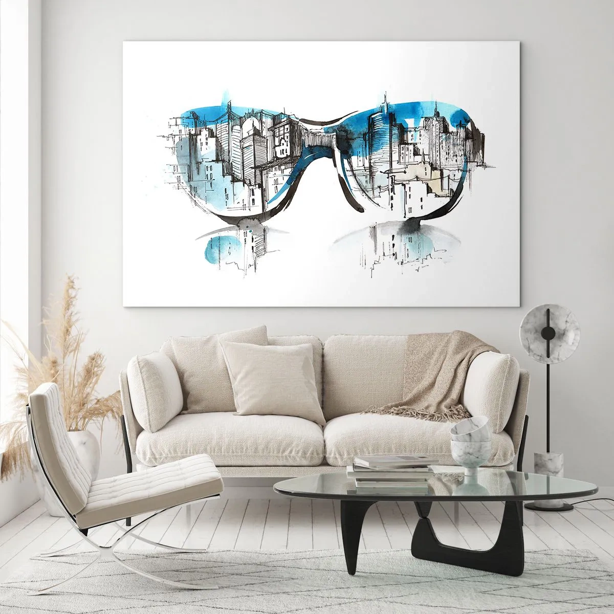 Obraz na skle - Panorama města se odráží ve slunečních brýlích - 70x50cm - Velkoměstská elegance - Moderní nástěnná dekorace do obývacího pokoje a ložnice ARTTOR