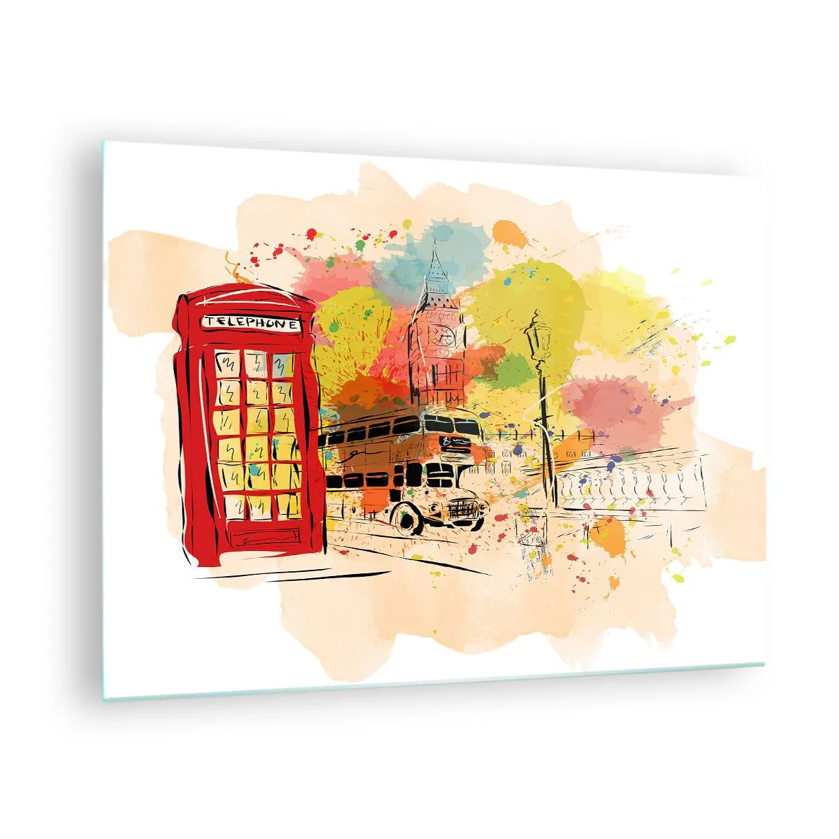 Obraz na skle - Červená telefonní budka, dvoupatrový autobus a Big Ben - 70x50cm - Město různorodostí - Moderní nástěnná dekorace do obývacího pokoje a ložnice ARTTOR