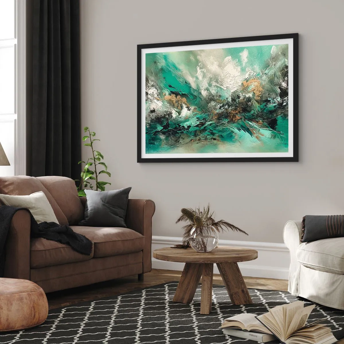 Plakát v černém rámu - Smaragdově černé vlnobití - 40x30 cm