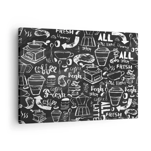 Obraz na plátně - Stylová grafika s motivem kávy na černém pozadí - 70x50cm - All you need is… - Moderní nástěnná dekorace do obývacího pokoje a ložnice ARTTOR