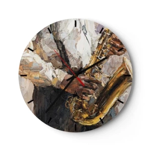 Nástěnné hodiny - Umělecký obraz zobrazující hudebníka hrajícího na saxofon - 30x30cm - Čas na sólovou hru - Moderní nástěnná dekorace do obývacího pokoje, kuchyně a ložnice ARTTOR