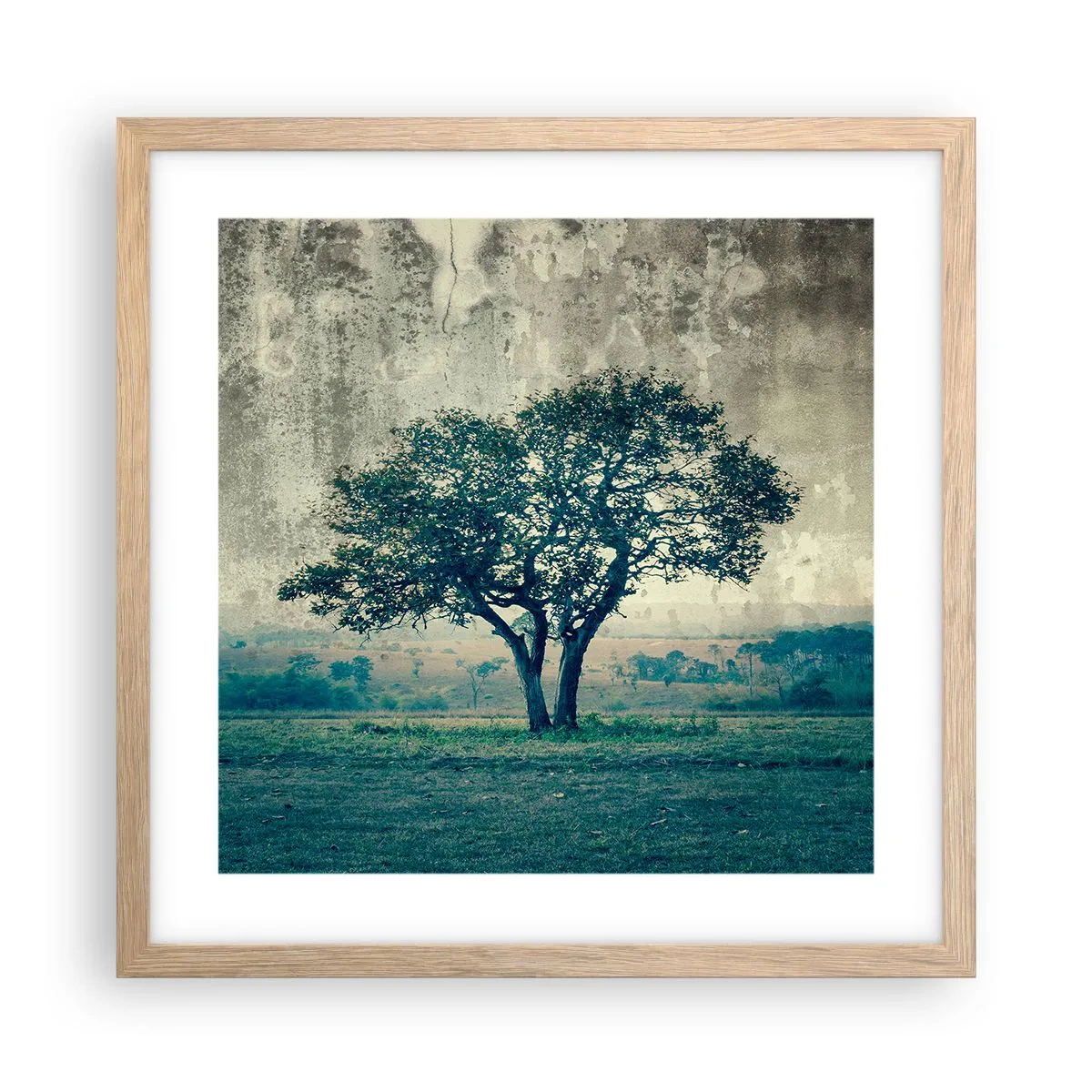 Plakát v rámu světlý dub - Jabloň na modrém poli? - 40x40 cm