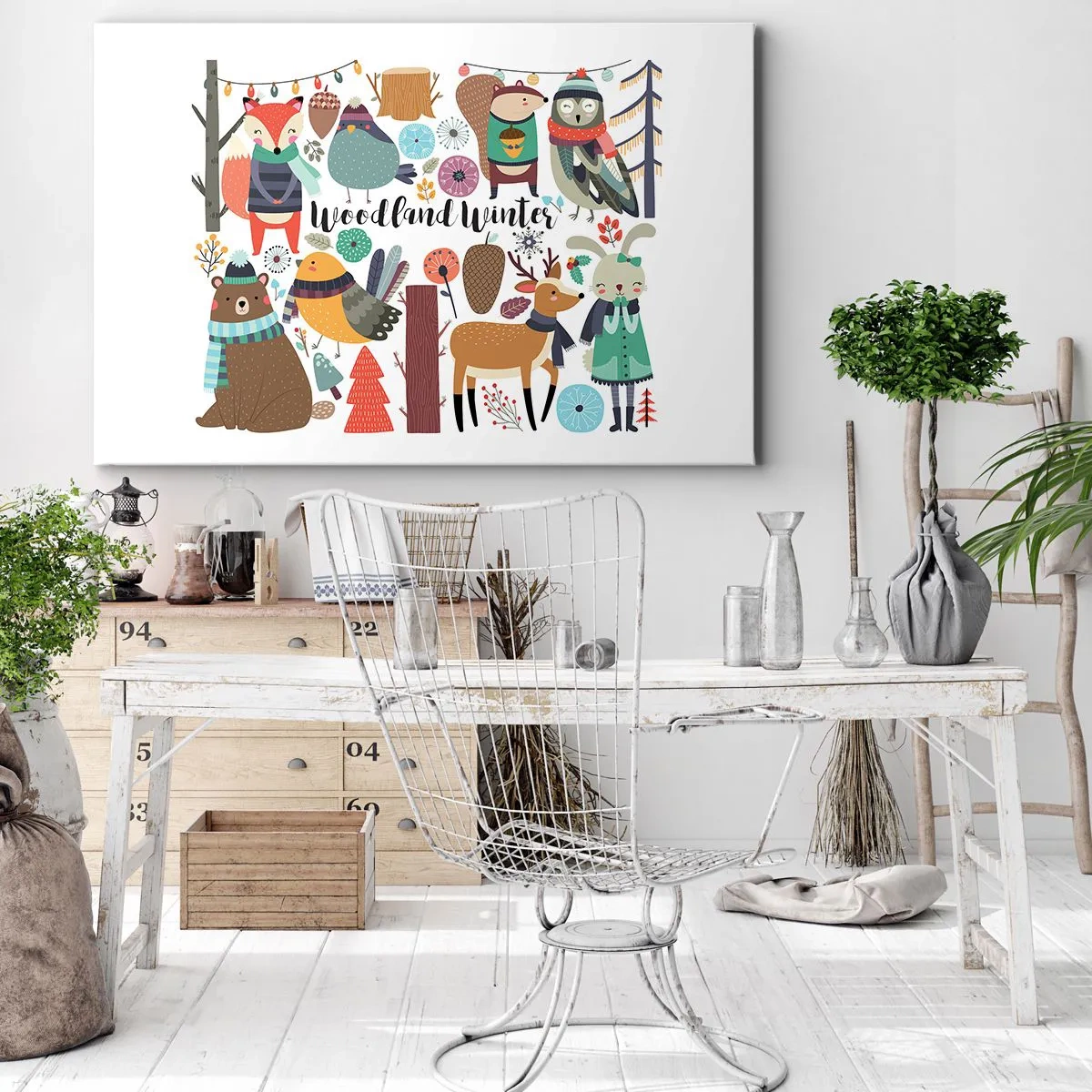 Obraz na plátně - Zimní lesní zvířata v barevné grafice - 70x50cm - Pohádkové svátky v lese - Moderní nástěnná dekorace do obývacího pokoje a ložnice ARTTOR