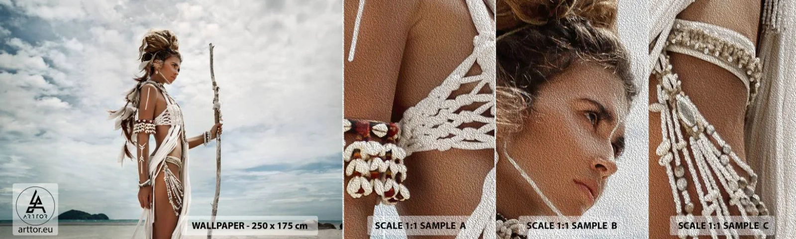 Vzor Fototapety Premium Sand - Královna tropů - Žena, Etnické šaty, Kmen - 100x30 cm