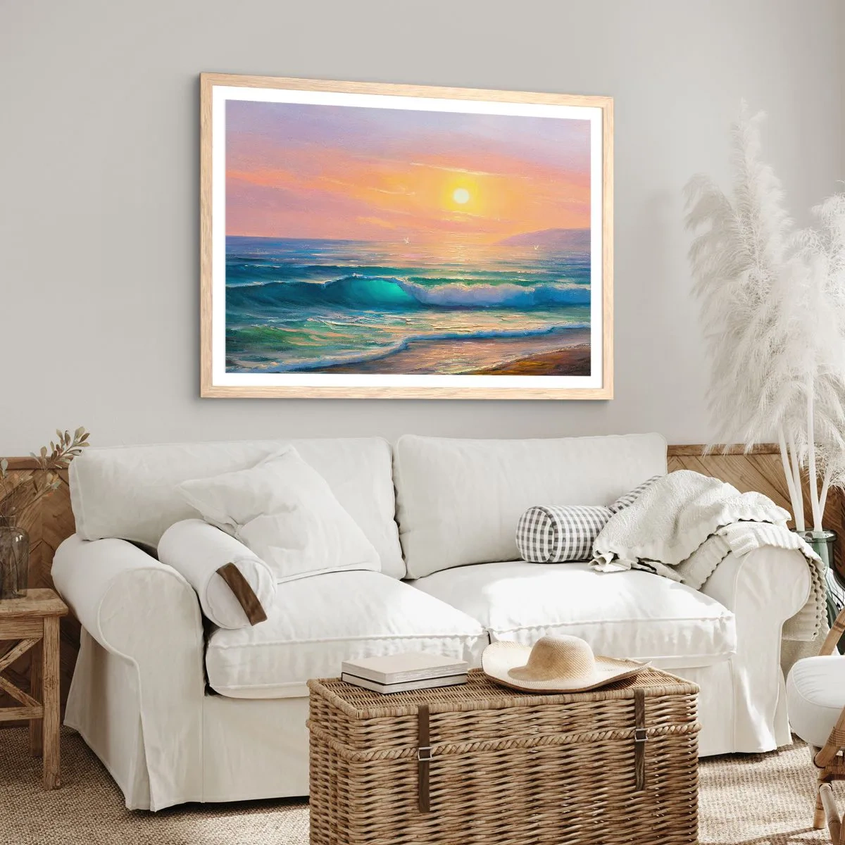 Plakát v rámu světlý dub - Tyrkysová píseň vln - 100x70 cm