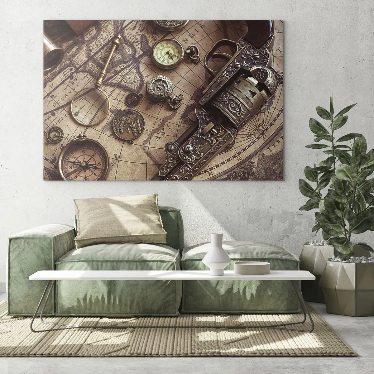 Obraz na skle - Starověké předměty a mapa - 70x50cm - Dobrodružství volá - Moderní nástěnná dekorace do obývacího pokoje a ložnice ARTTOR