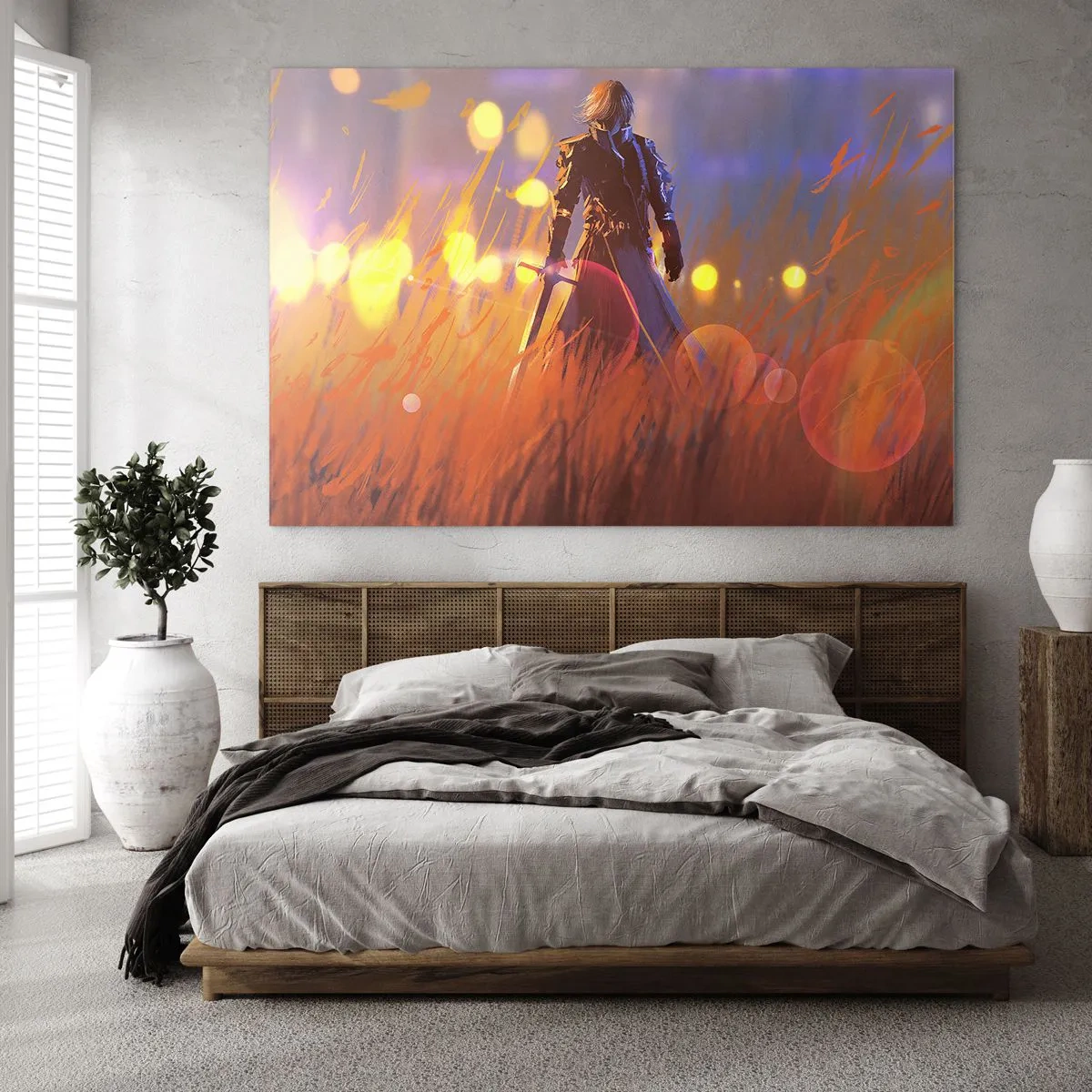 Obraz na skle - Postava v brnění mezi oranžovou trávou se světelným pozadím. - 70x50cm - Bludný rytíř - Moderní nástěnná dekorace do obývacího pokoje a ložnice ARTTOR