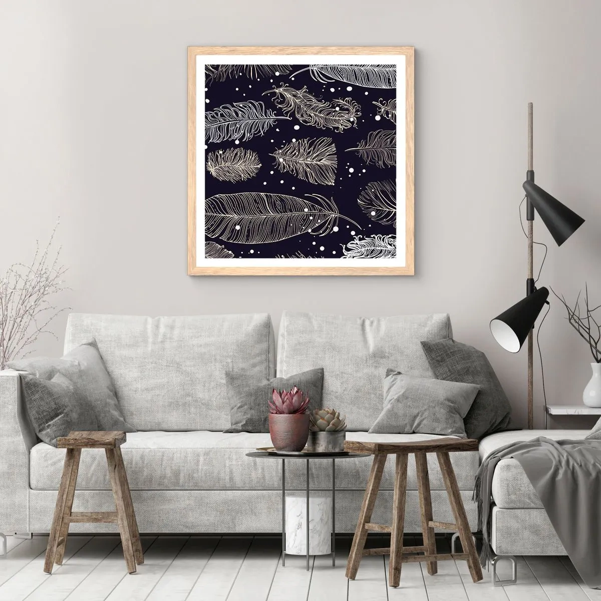 Plakát v rámu světlý dub - Krajka s peřím - 50x50 cm