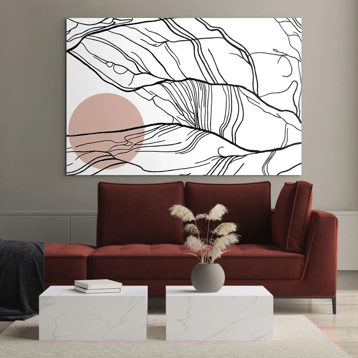 Obraz na skle - Stinné linie větví s béžovým sluncem - 70x50cm - V síti větviček - Moderní nástěnná dekorace do obývacího pokoje a ložnice ARTTOR