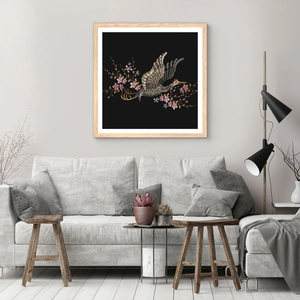 Plakát v rámu světlý dub - Exotický vyšívaný pták - 60x60 cm