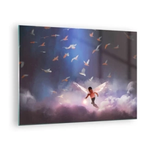 Obraz na skle - Postava s andělskými křídly vznášející se mezi mraky - 70x50cm - Je třeba mít odvahu a představivost - Moderní nástěnná dekorace do obývacího pokoje a ložnice ARTTOR