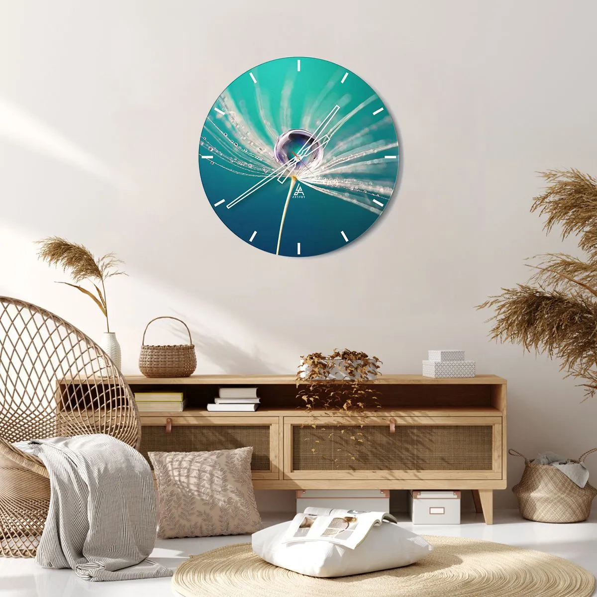 Nástěnné hodiny - Makrofotografie kapky rosy na semínku pampelišky - 30x30cm - Mystický okamžik - Moderní nástěnná dekorace do obývacího pokoje, kuchyně a ložnice ARTTOR