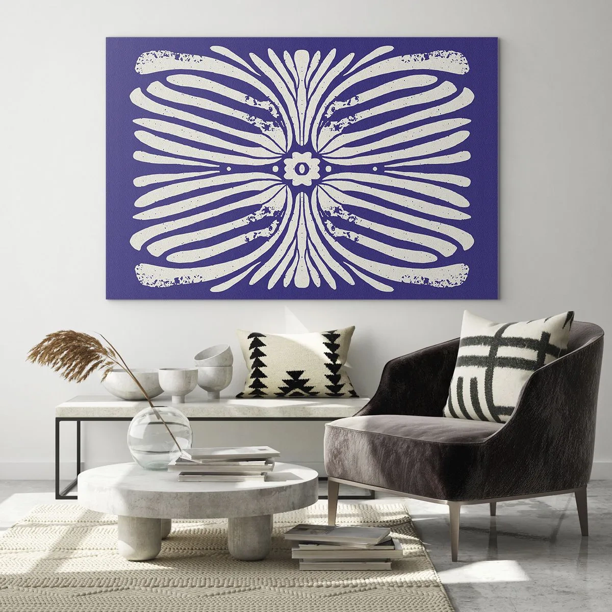 Obraz na skle - Symetrický etnický vzor na fialovém pozadí - 70x50cm - Etnické inspirace - Moderní nástěnná dekorace do obývacího pokoje a ložnice ARTTOR