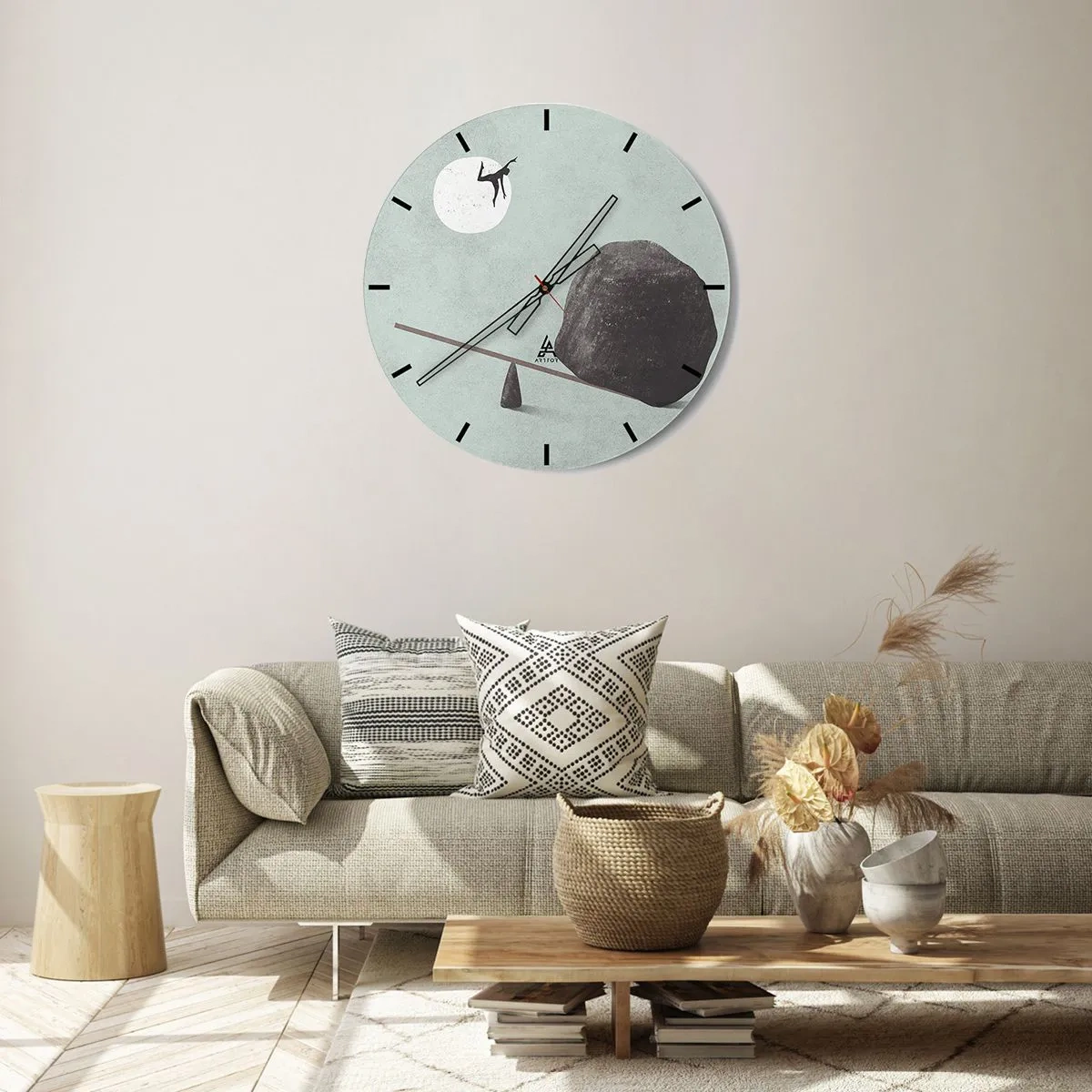 Nástěnné hodiny - Postava je katapultována z houpačky skálou směrem k Měsíci. - 30x30cm - Splněný sen - Moderní nástěnná dekorace do obývacího pokoje, kuchyně a ložnice ARTTOR