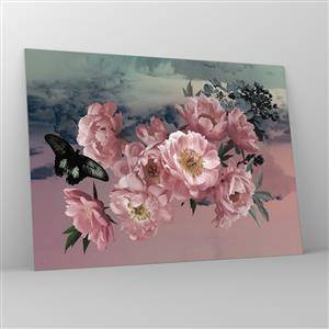 Obraz na skle - Růžové pivoňky s motýlem proti obloze - 70x50cm - Vrchol romantismu - Moderní nástěnná dekorace do obývacího pokoje a ložnice ARTTOR