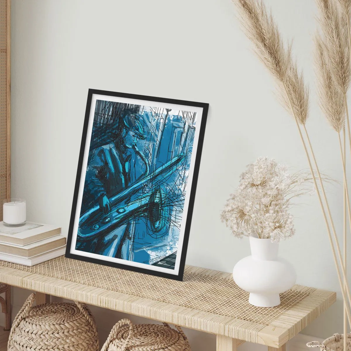 Plakát v černém rámu - Umělecká skica hudebníka hrajícího na saxofon - 50x70cm - Městská rapsodie - Moderní nástěnná dekorace do obývacího pokoje a ložnice ARTTOR