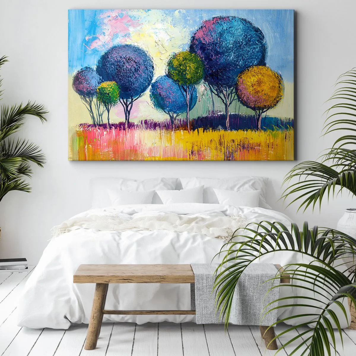 Obraz na plátně - Barevné stromy ve tvaru koule na pozadí krajiny - 70x50cm - Koule - tvar ideálu - Moderní nástěnná dekorace do obývacího pokoje a ložnice ARTTOR