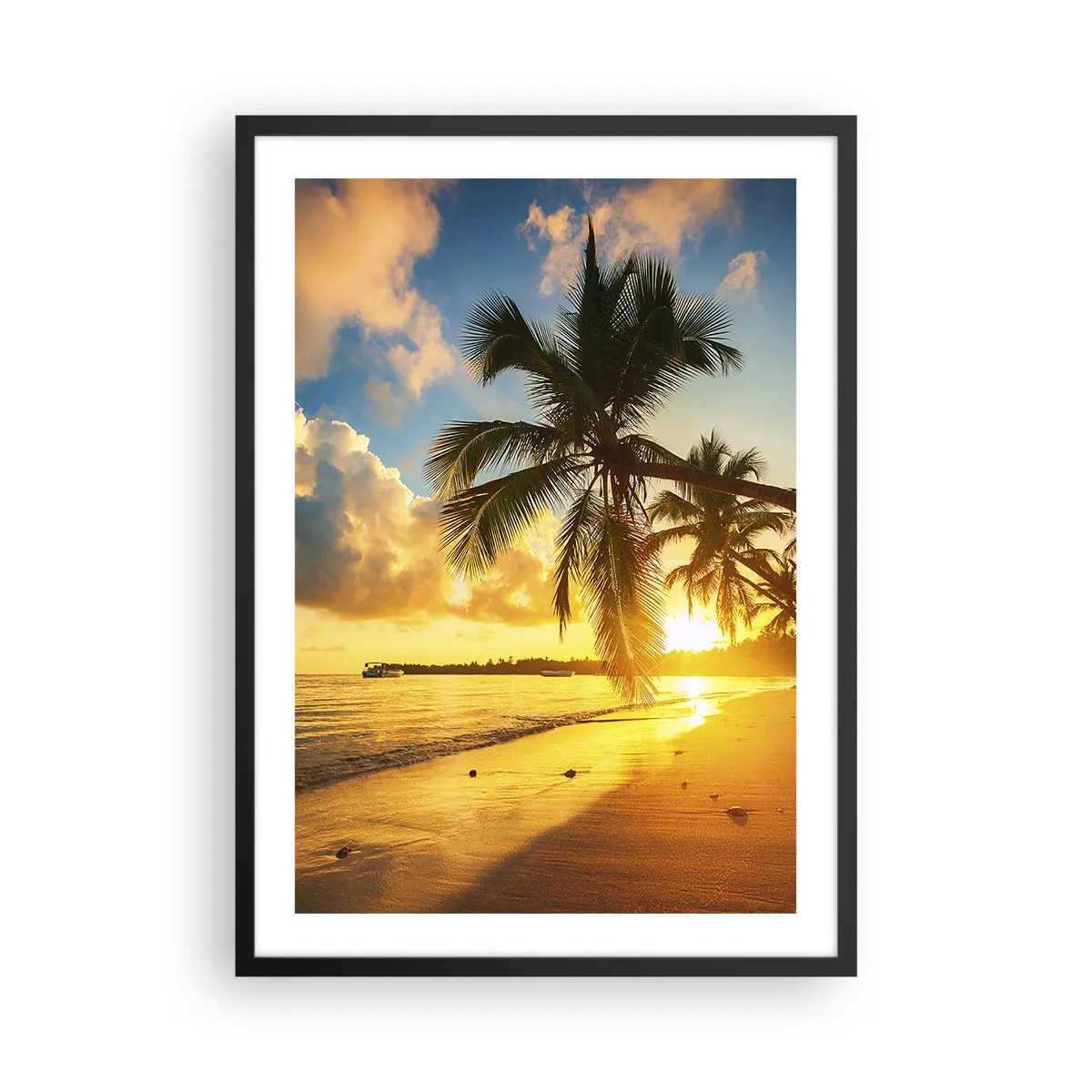 Plakát v černém rámu - Tropická pláž při západu slunce s palmami - 50x70cm - Karibský sen - Moderní nástěnná dekorace do obývacího pokoje a ložnice ARTTOR
