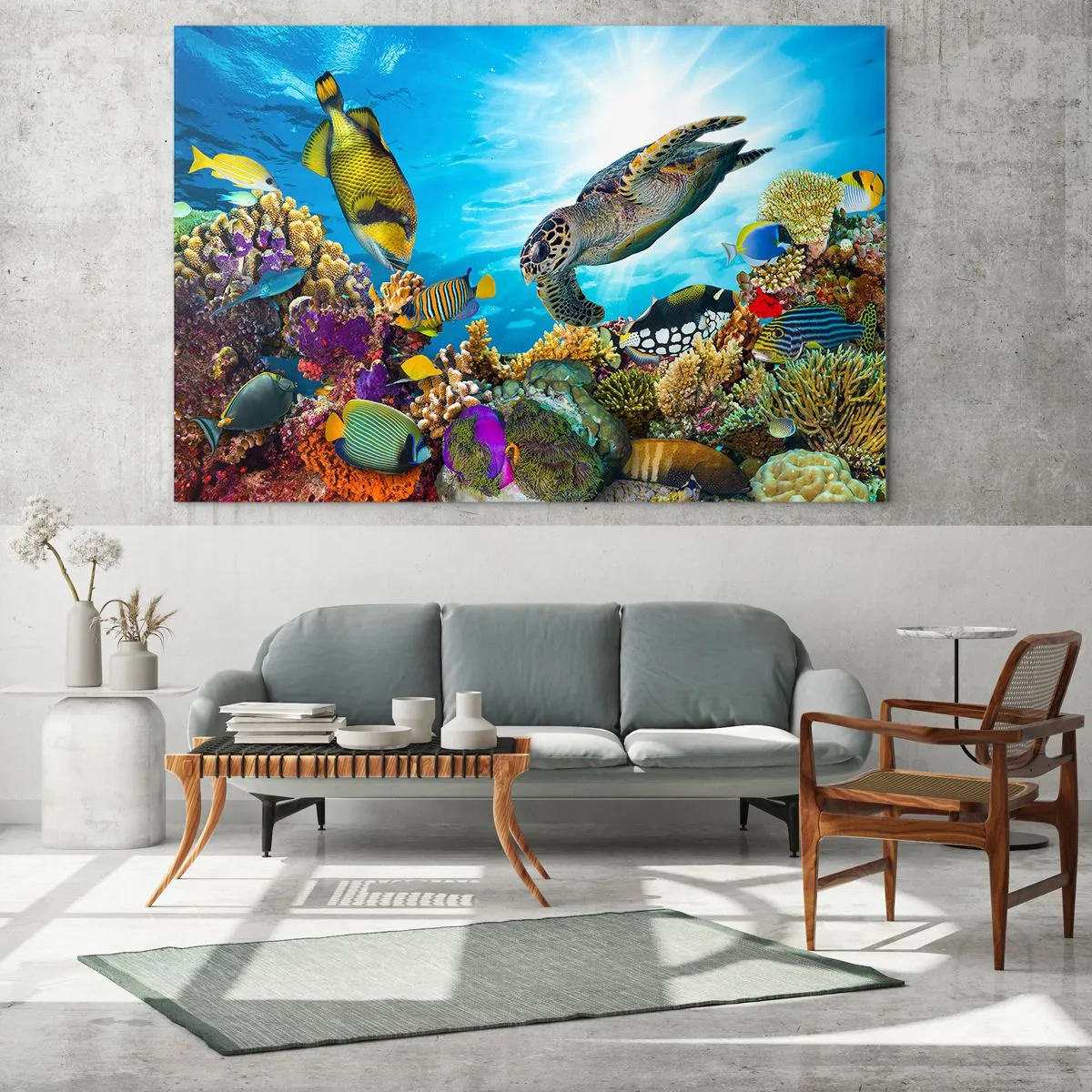Obraz na skle - Podvodní scéna s želvou, rybami a korály - 70x50cm - Korálová promenáda - Moderní nástěnná dekorace do obývacího pokoje a ložnice ARTTOR