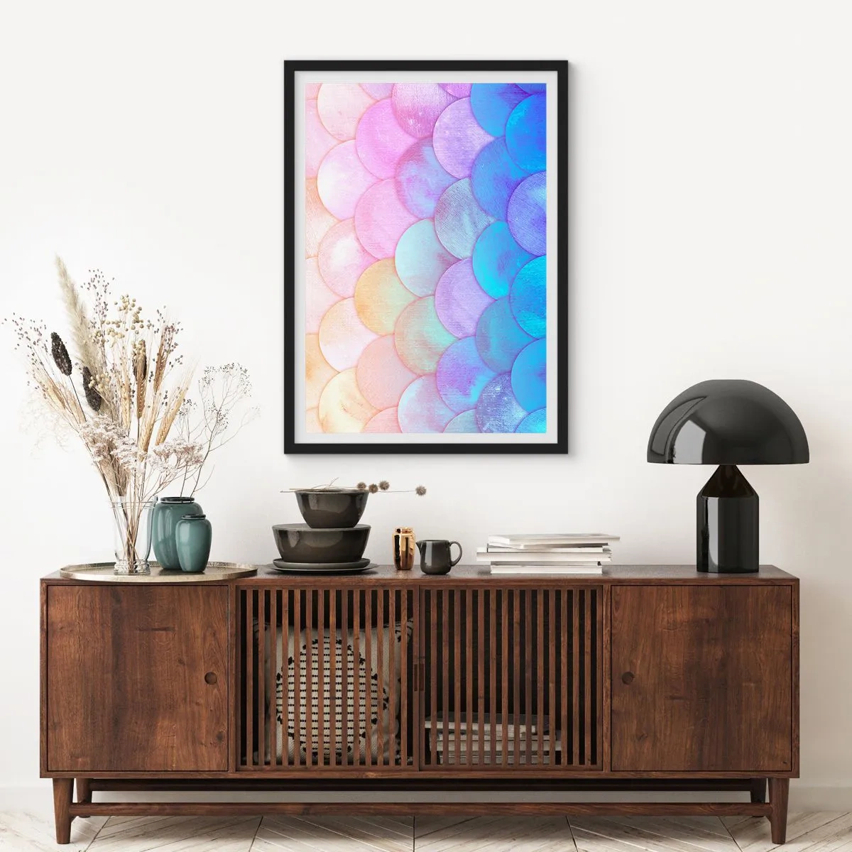 Plakát v černém rámu - Pastelová kompozice připomínající šupiny v duhových odstínech - 50x70cm - Perleťová šupina - Moderní nástěnná dekorace do obývacího pokoje a ložnice ARTTOR