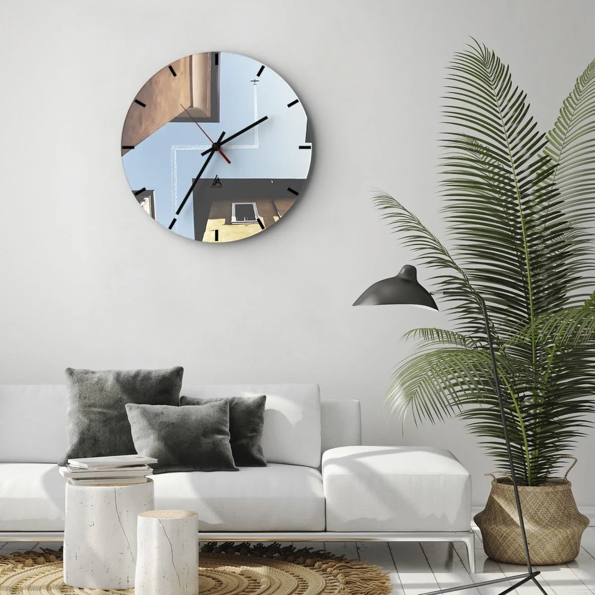 Nástěnné hodiny - Pohled z nádvoří na modrou oblohu s letadlem - 30x30cm - Nad městským labyrintem - Moderní nástěnná dekorace do obývacího pokoje, kuchyně a ložnice ARTTOR