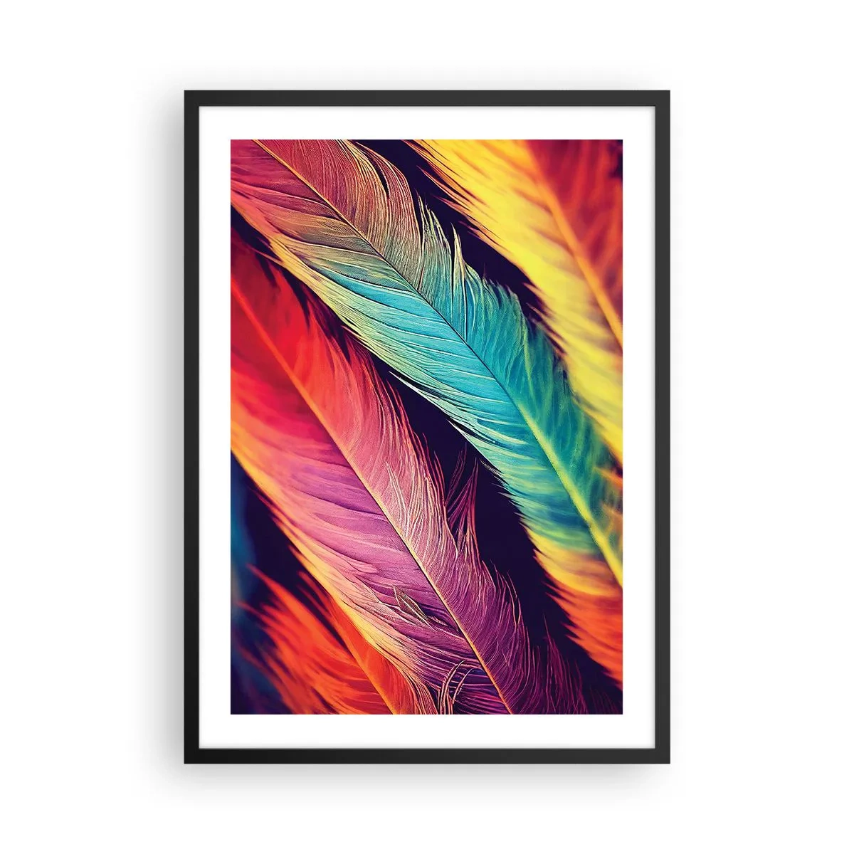 Plakát v černém rámu - Barevné peří v zářivých odstínech na tmavém pozadí - 50x70cm - Opeřená duha - Moderní nástěnná dekorace do obývacího pokoje a ložnice ARTTOR