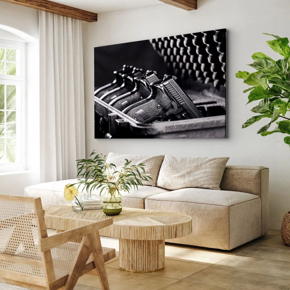 Obraz na plátně - Černobílý obrázek hromady zbraní v kufru. - 70x50cm - Mužský sport - Moderní nástěnná dekorace do obývacího pokoje a ložnice ARTTOR