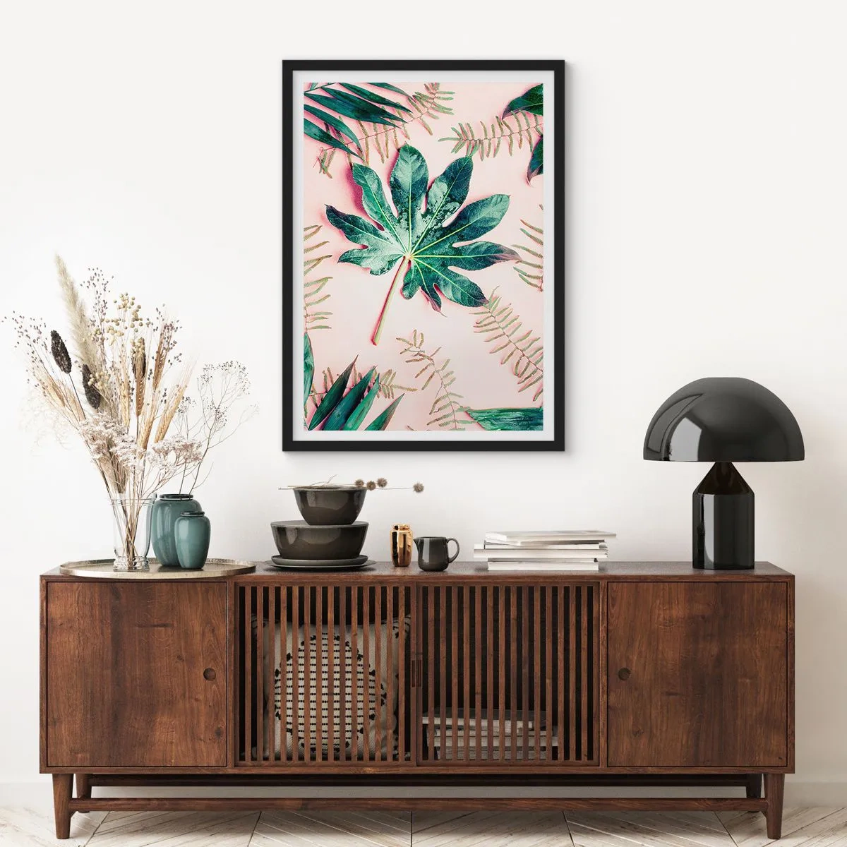 Plakát v černém rámu - Listy v různých odstínech zelené na růžovém pozadí - 50x70cm - Studie zelené na růžovém pozadí - Moderní nástěnná dekorace do obývacího pokoje a ložnice ARTTOR