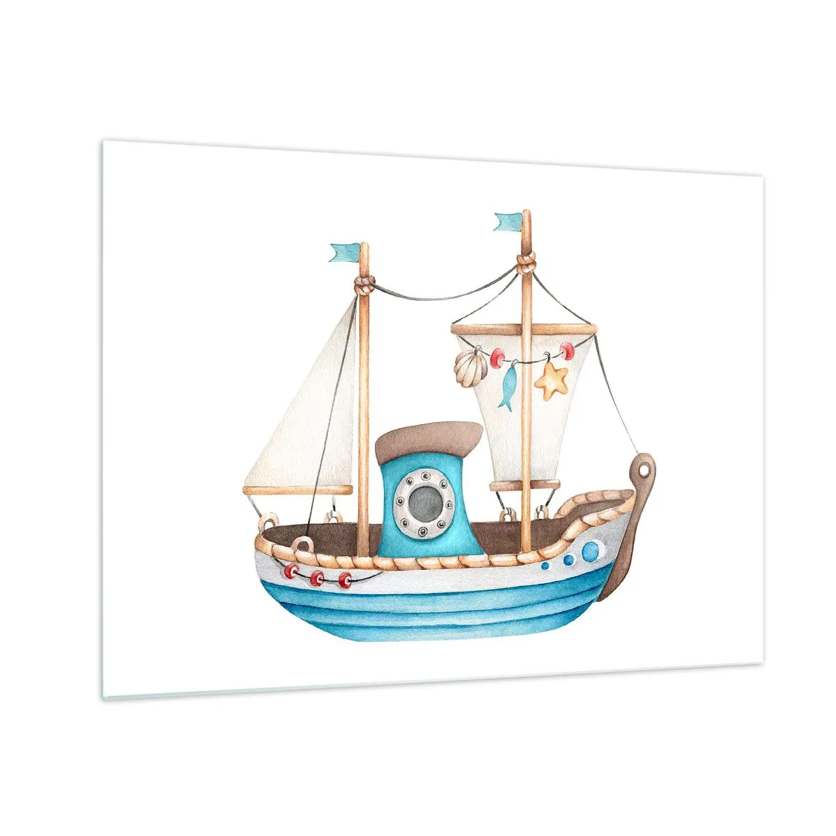 Obraz na skle - Ilustrace dětské lodi na bílém pozadí - 70x50cm - Ahoj, dobrodružství! - Moderní nástěnná dekorace do obývacího pokoje a ložnice ARTTOR