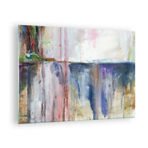 Obraz na skle - Barevná abstrakce s dynamickými pruhy a texturami barvy. - 70x50cm - Barevné dojmy a asociace - Moderní nástěnná dekorace do obývacího pokoje a ložnice ARTTOR