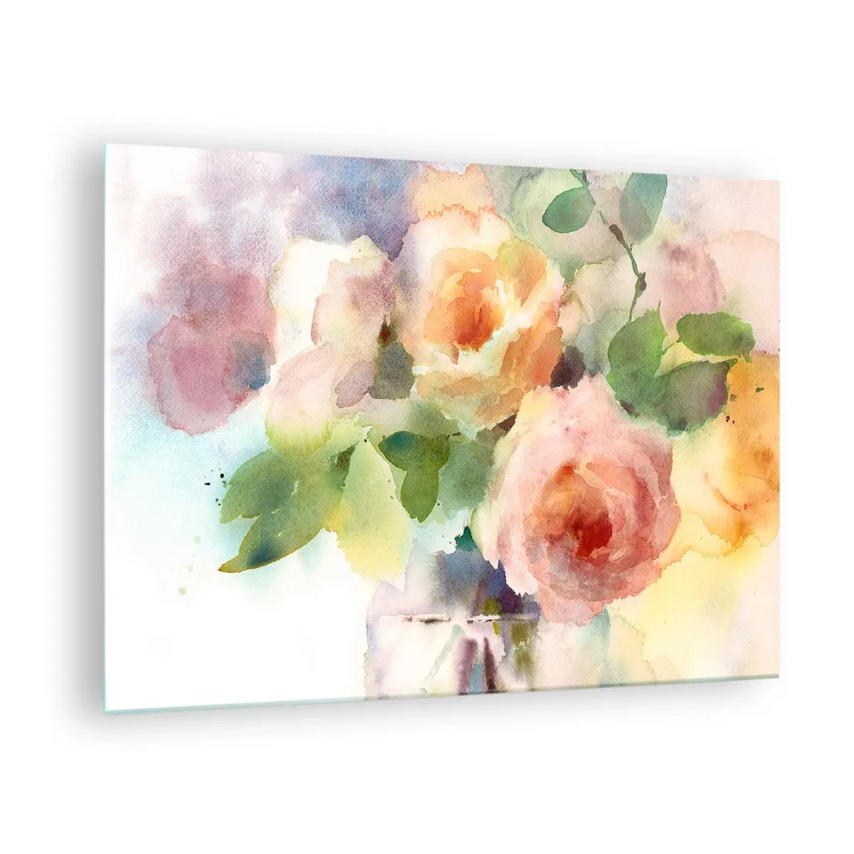 Obraz na skle - Akvarelová malba růží v jemných pastelových barvách. - 70x50cm - Jemné jako akvarel - Moderní nástěnná dekorace do obývacího pokoje a ložnice ARTTOR