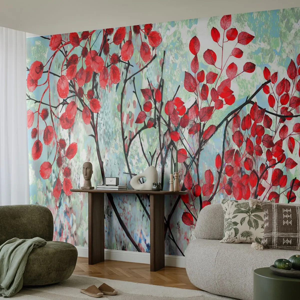 Fototapeta Premium Canvas - Strom v šarlatové - Abstrakce, červené listy, Větev - 250x175 cm