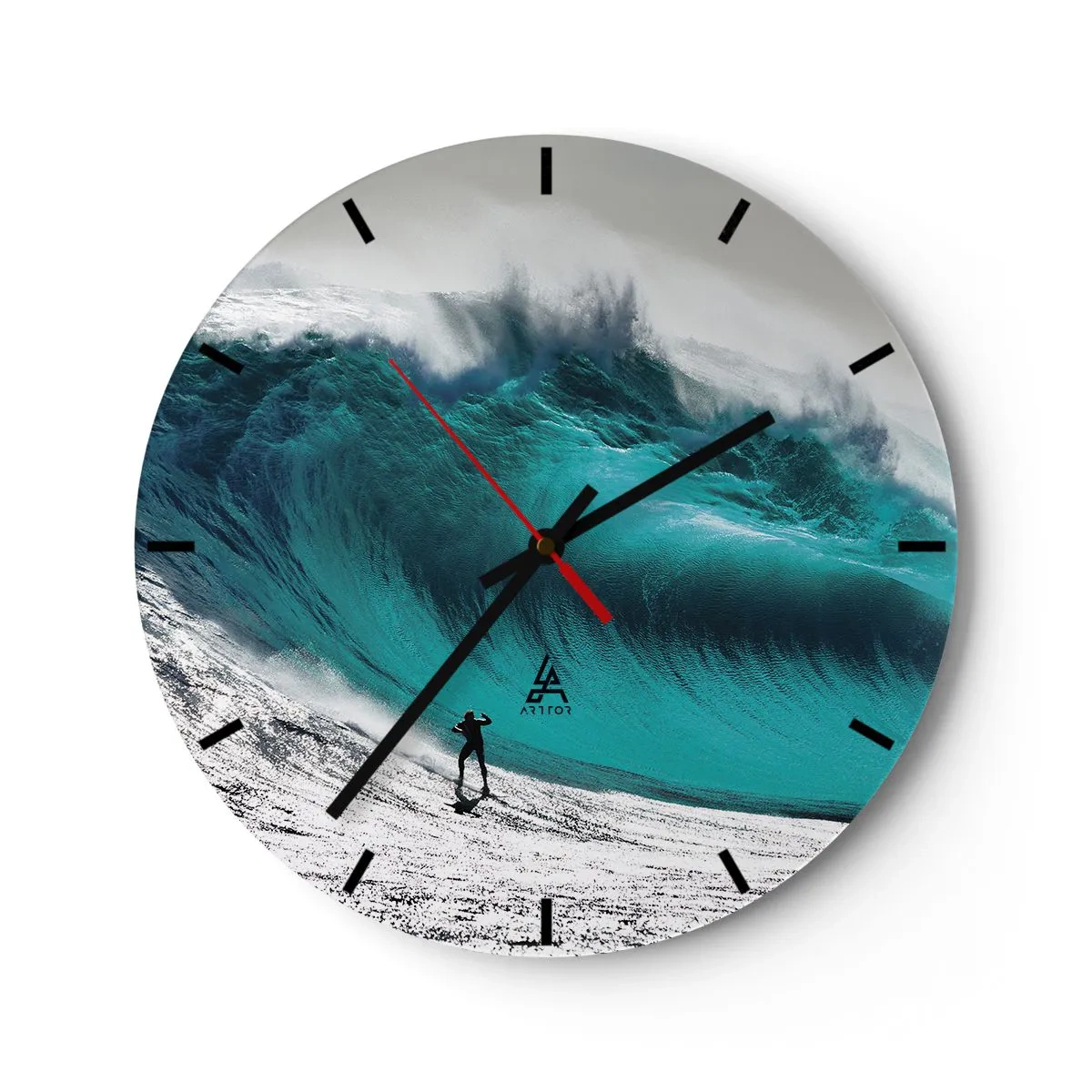 Nástěnné hodiny - Surfař před obrovskou tyrkysovou vlnou - 30x30cm - Výzva přijata - Moderní nástěnná dekorace do obývacího pokoje, kuchyně a ložnice ARTTOR