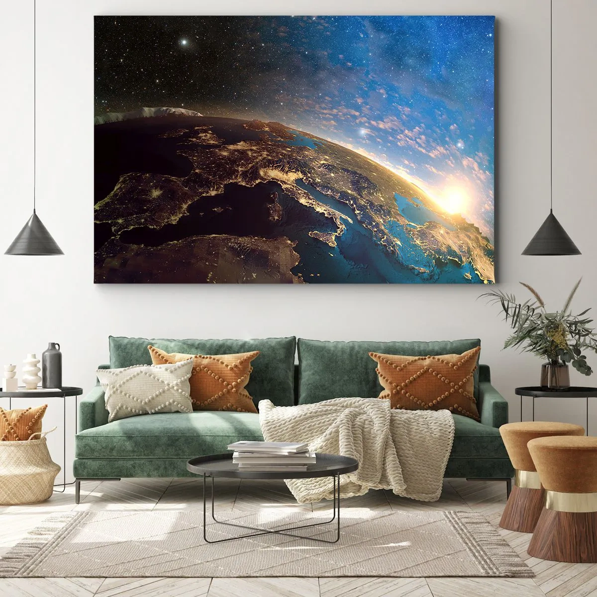 Obraz na plátně - Pohled na Zemi z vesmíru při východu slunce - 70x50cm - Podívejme se na sebe s odstupem - Moderní nástěnná dekorace do obývacího pokoje a ložnice ARTTOR