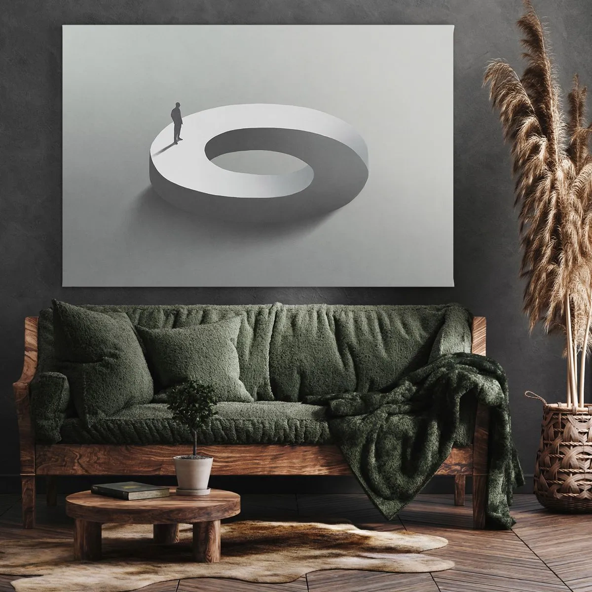 Obraz na plátně - Muž na šedé, abstraktní konstrukci - 70x50cm - To pochopíš - Moderní nástěnná dekorace do obývacího pokoje a ložnice ARTTOR