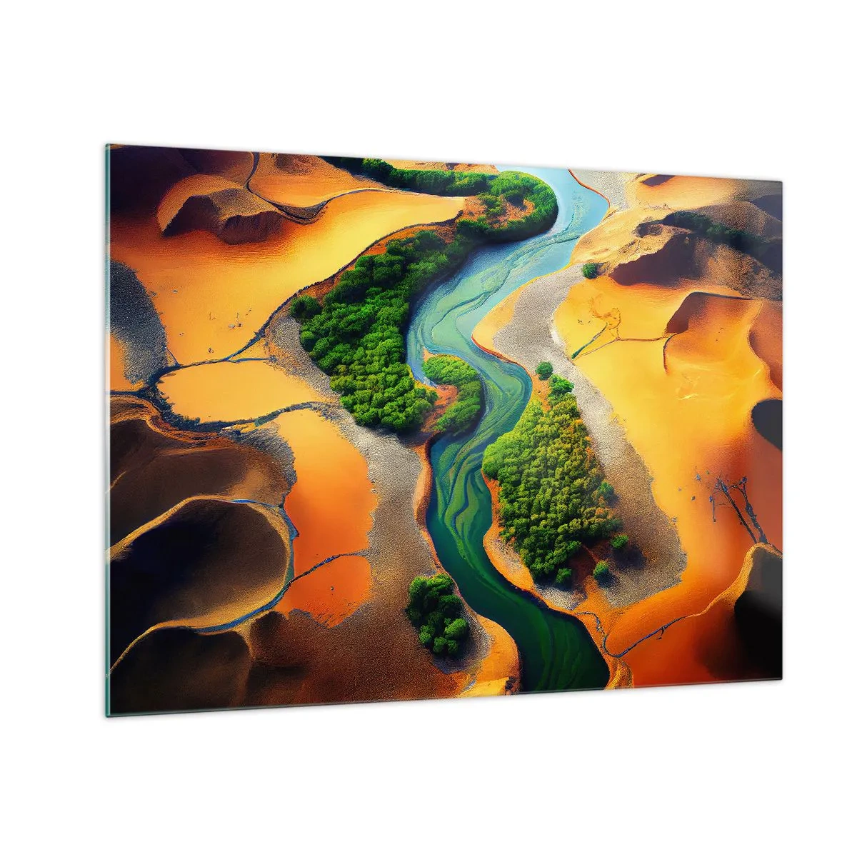 Obraz na skle - Zelené oázy a řeka mezi oranžovými dunami - 70x50cm - Životodárná řeka - Moderní nástěnná dekorace do obývacího pokoje a ložnice ARTTOR