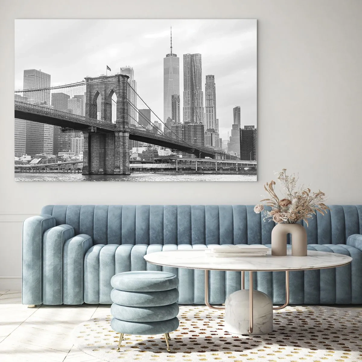 Obraz na skle - Černobílá fotografie mostu a městské krajiny - 70x50cm - Newyorské zázraky - Moderní nástěnná dekorace do obývacího pokoje a ložnice ARTTOR