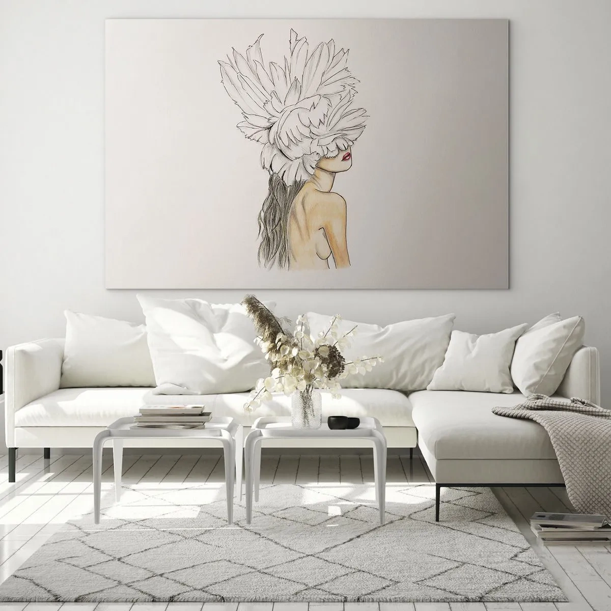 Obraz na skle - Kresba ženy s dlouhými vlasy a korunou z velkých peří - 70x50cm - Vrchol krásy - Moderní nástěnná dekorace do obývacího pokoje a ložnice ARTTOR