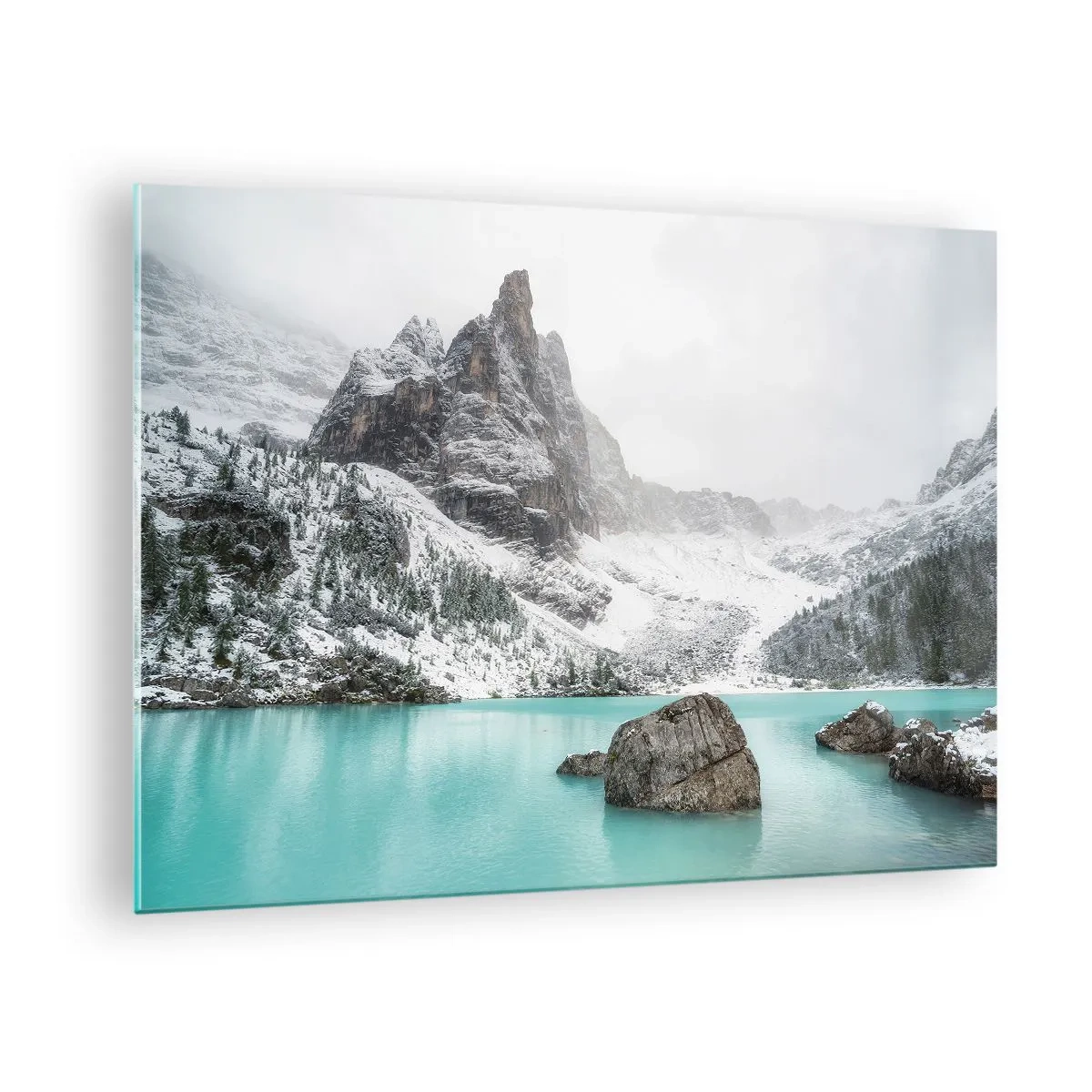 Obraz na skle - Zimní krajina s tyrkysovým jezerem - 70x50cm - Na stráži - Moderní nástěnná dekorace do obývacího pokoje a ložnice ARTTOR